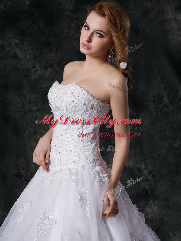 Sleeveless Court Train Beading and Lace and Appliques Lace Up Wedding Gown