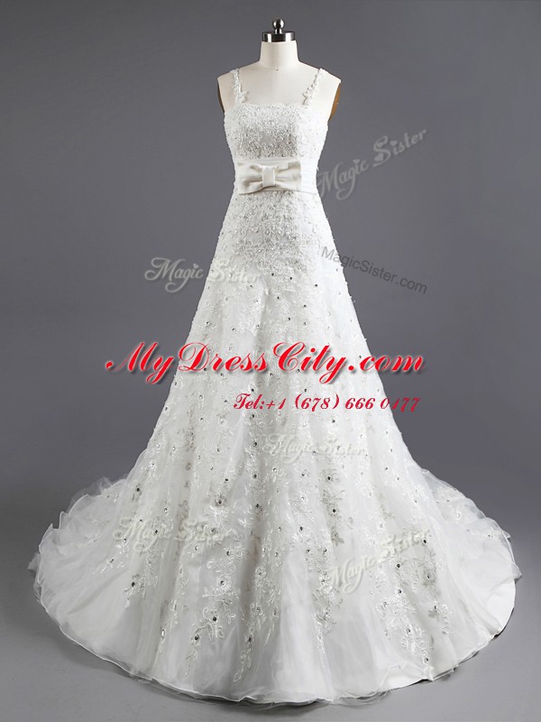 Amazing White Empire Organza Square Sleeveless Beading and Appliques and Bowknot With Train Lace Up Wedding Gowns Chapel Train