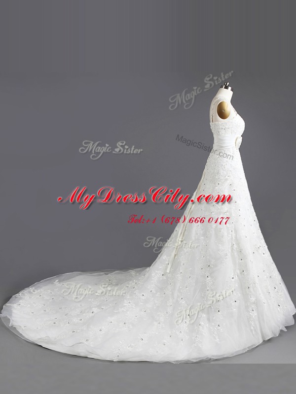 Amazing White Empire Organza Square Sleeveless Beading and Appliques and Bowknot With Train Lace Up Wedding Gowns Chapel Train