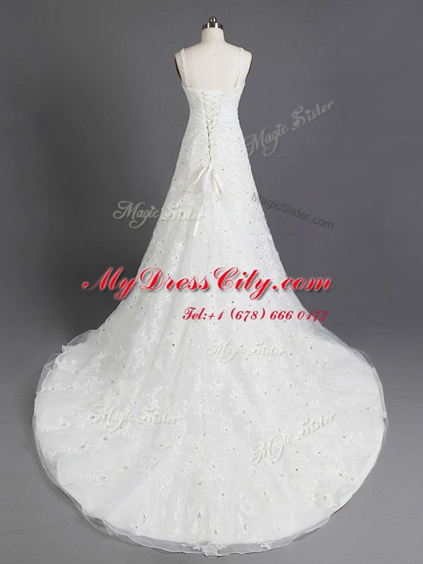 Amazing White Empire Organza Square Sleeveless Beading and Appliques and Bowknot With Train Lace Up Wedding Gowns Chapel Train