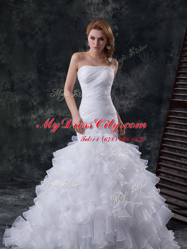 Cheap Mermaid Strapless Sleeveless Brush Train Lace Up Wedding Dress White Organza