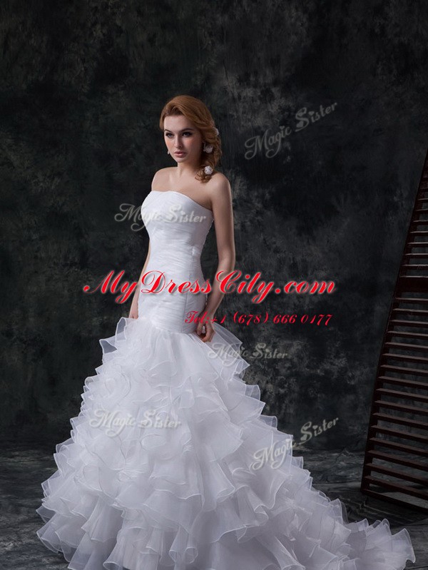 Cheap Mermaid Strapless Sleeveless Brush Train Lace Up Wedding Dress White Organza