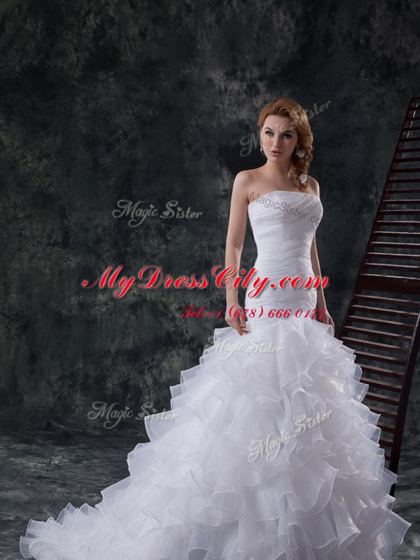 Cheap Mermaid Strapless Sleeveless Brush Train Lace Up Wedding Dress White Organza