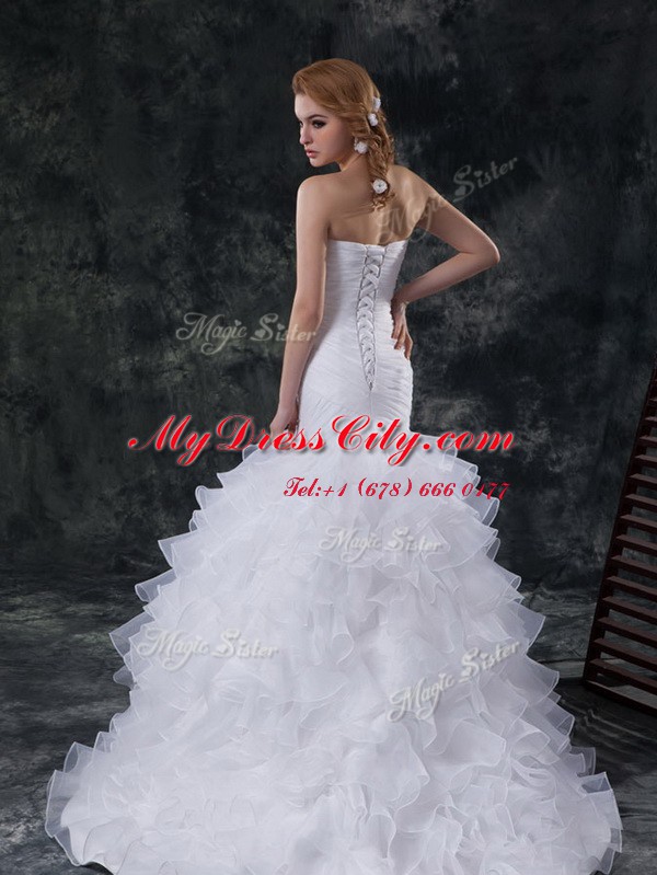 Cheap Mermaid Strapless Sleeveless Brush Train Lace Up Wedding Dress White Organza