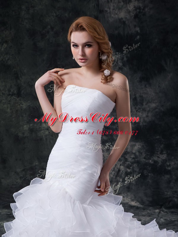 Cheap Mermaid Strapless Sleeveless Brush Train Lace Up Wedding Dress White Organza