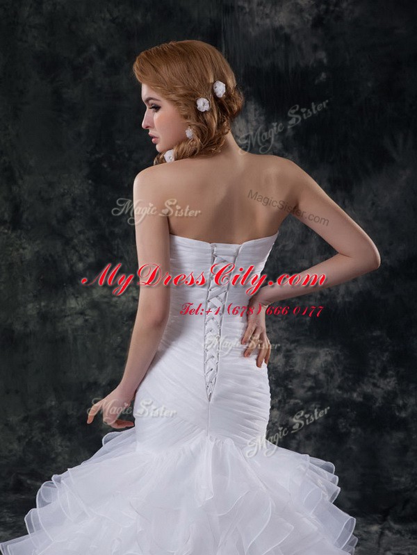 Cheap Mermaid Strapless Sleeveless Brush Train Lace Up Wedding Dress White Organza