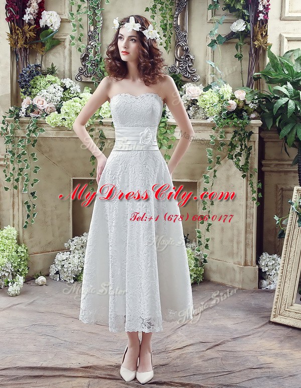 Latest Sleeveless Lace Up Ankle Length Lace and Hand Made Flower Wedding Dress