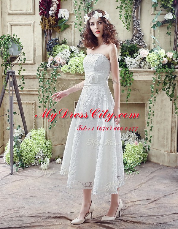 Latest Sleeveless Lace Up Ankle Length Lace and Hand Made Flower Wedding Dress