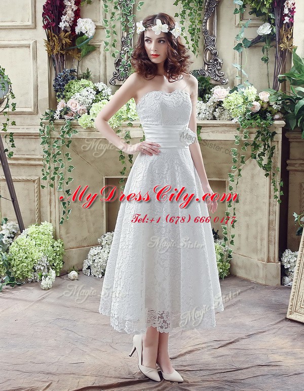 Latest Sleeveless Lace Up Ankle Length Lace and Hand Made Flower Wedding Dress