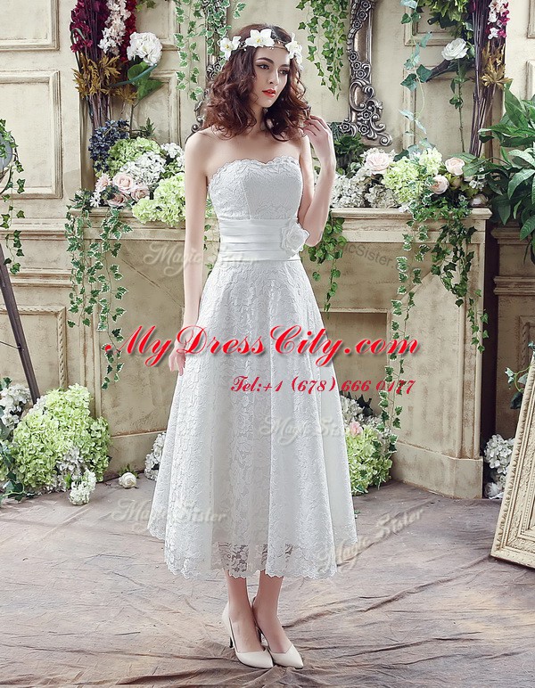 Latest Sleeveless Lace Up Ankle Length Lace and Hand Made Flower Wedding Dress