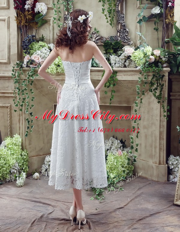 Latest Sleeveless Lace Up Ankle Length Lace and Hand Made Flower Wedding Dress