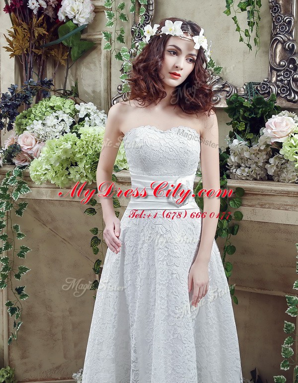 Latest Sleeveless Lace Up Ankle Length Lace and Hand Made Flower Wedding Dress