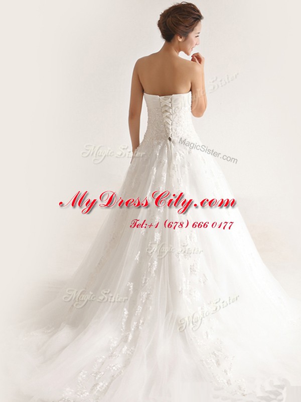 Traditional White A-line Strapless Sleeveless Tulle With Train Court Train Lace Up Appliques Wedding Gowns