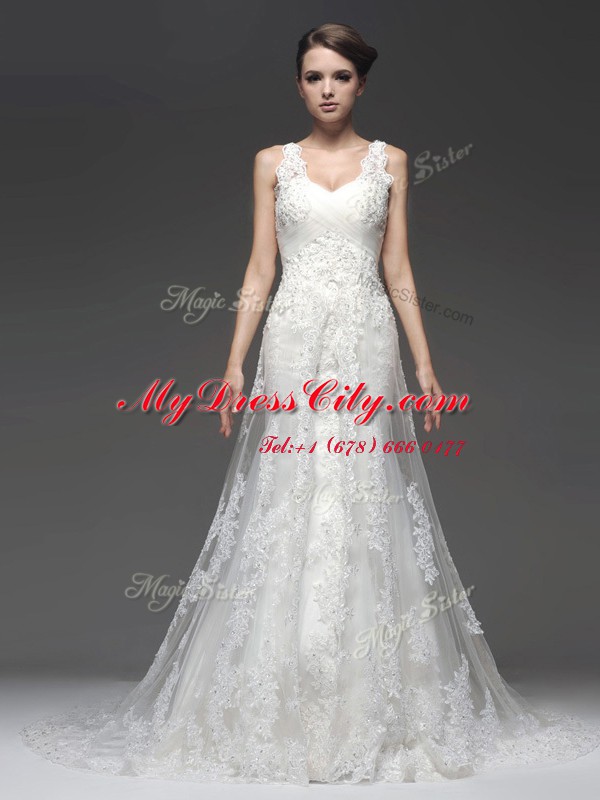 Best White Column/Sheath Lace and Appliques Wedding Dress Zipper Chiffon Sleeveless With Train