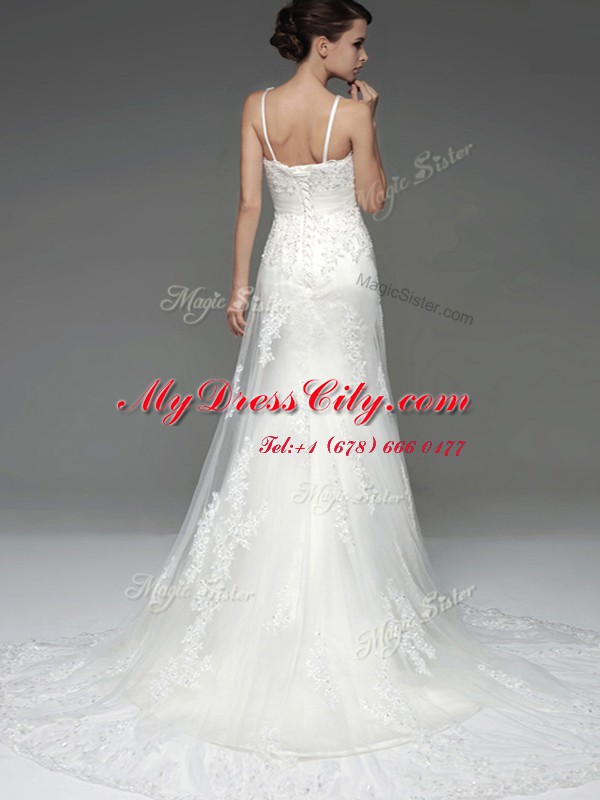 Best White Column/Sheath Lace and Appliques Wedding Dress Zipper Chiffon Sleeveless With Train