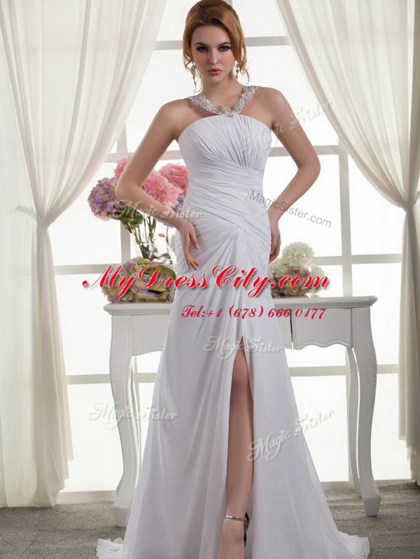 White Straps Zipper Ruching Wedding Dresses Court Train Sleeveless