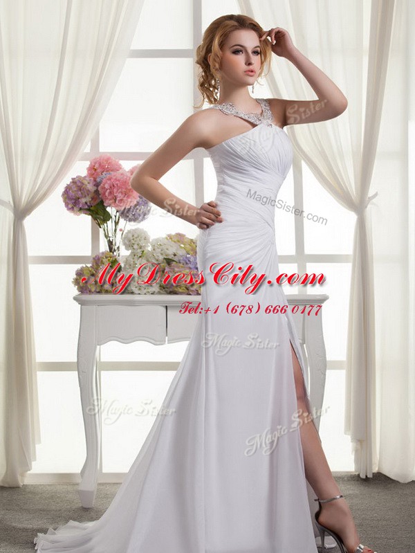 White Straps Zipper Ruching Wedding Dresses Court Train Sleeveless