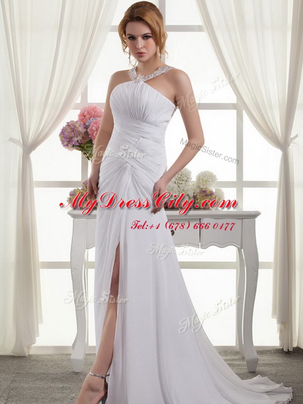 White Straps Zipper Ruching Wedding Dresses Court Train Sleeveless