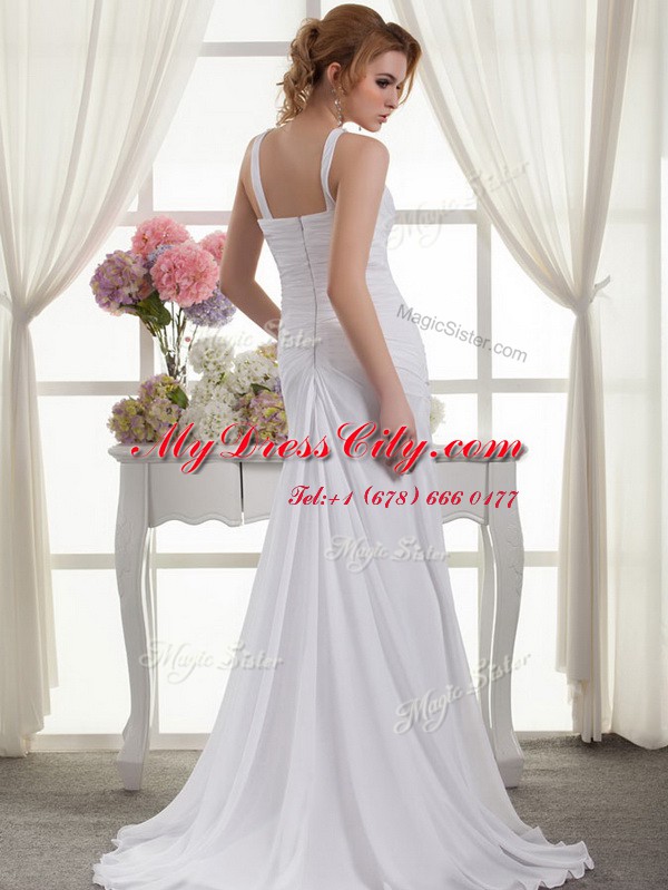 White Straps Zipper Ruching Wedding Dresses Court Train Sleeveless