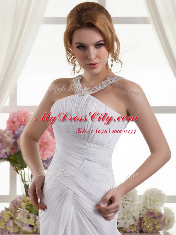 White Straps Zipper Ruching Wedding Dresses Court Train Sleeveless