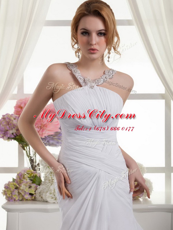 White Straps Zipper Ruching Wedding Dresses Court Train Sleeveless