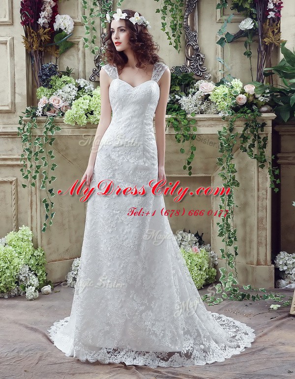 White Lace Up Wedding Dress Lace and Appliques Sleeveless Brush Train