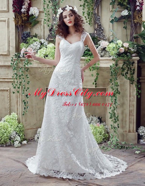 White Lace Up Wedding Dress Lace and Appliques Sleeveless Brush Train