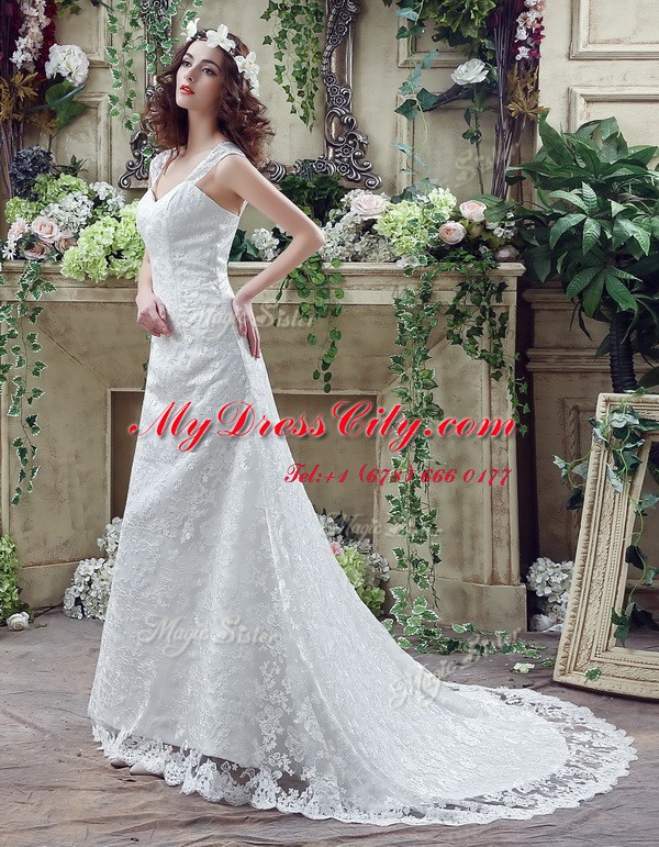 White Lace Up Wedding Dress Lace and Appliques Sleeveless Brush Train