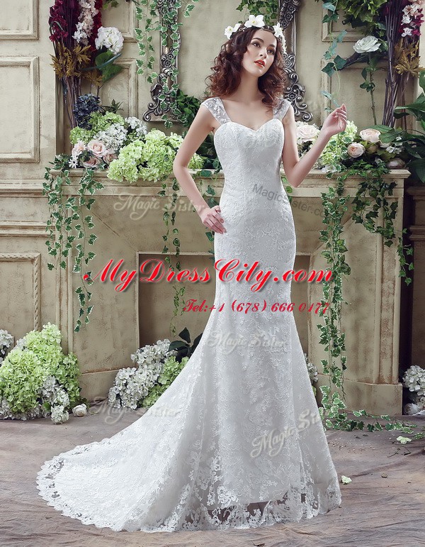 White Lace Up Wedding Dress Lace and Appliques Sleeveless Brush Train