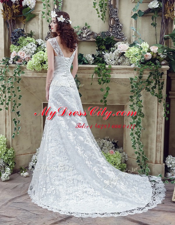 White Lace Up Wedding Dress Lace and Appliques Sleeveless Brush Train