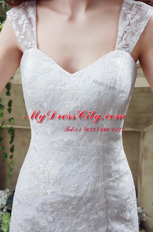 White Lace Up Wedding Dress Lace and Appliques Sleeveless Brush Train