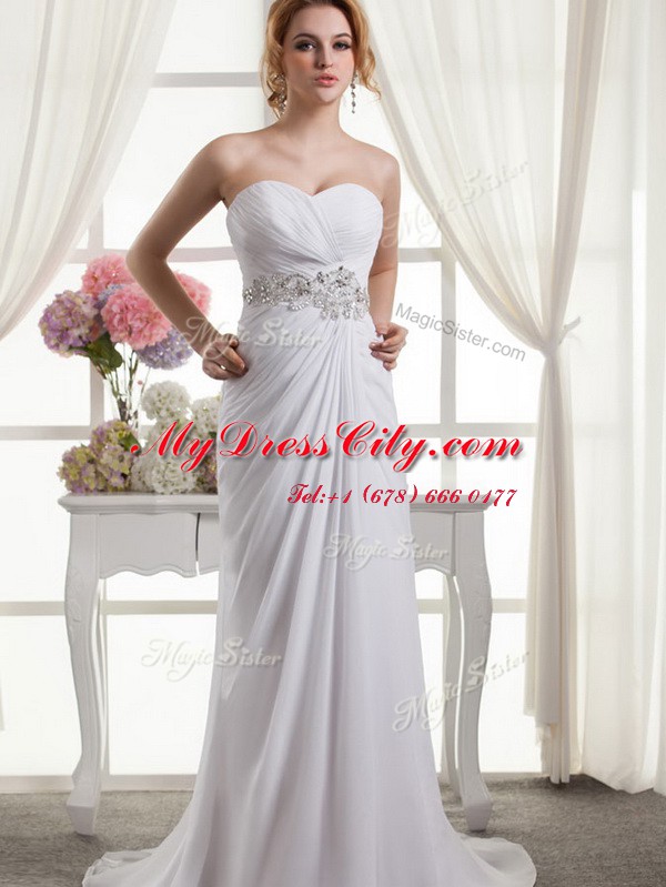 White Sleeveless Chiffon Sweep Train Lace Up Bridal Gown for Wedding Party