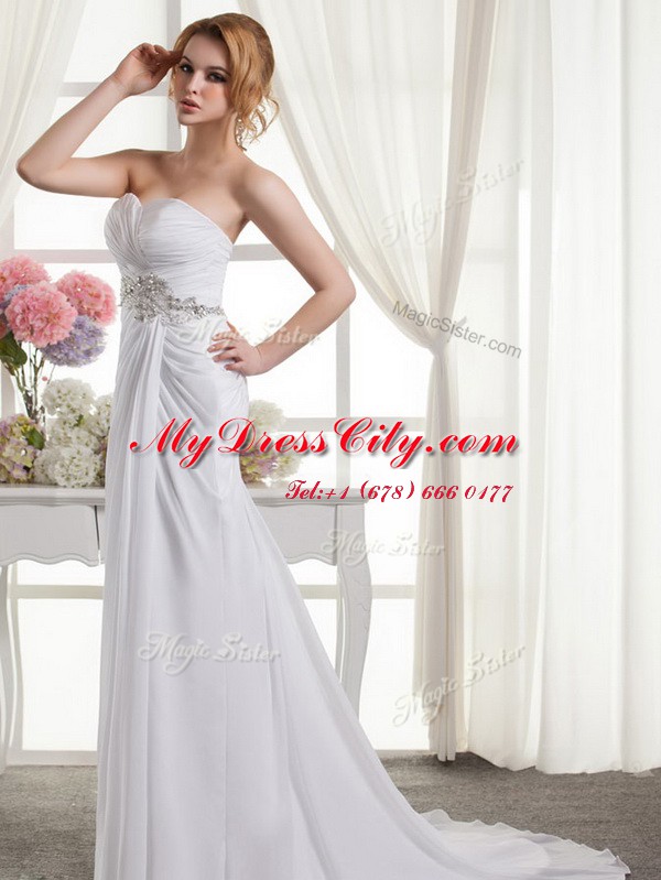 White Sleeveless Chiffon Sweep Train Lace Up Bridal Gown for Wedding Party