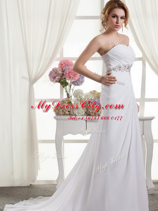 White Sleeveless Chiffon Sweep Train Lace Up Bridal Gown for Wedding Party