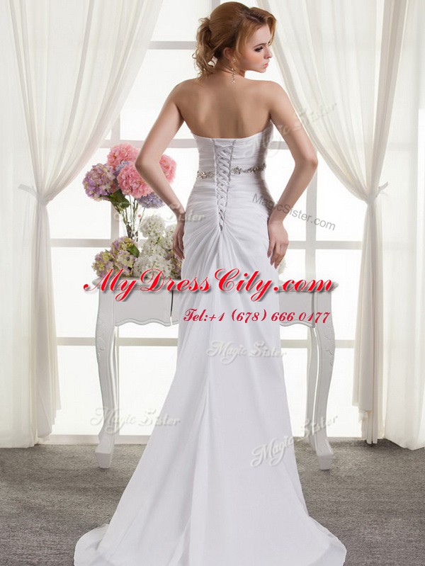 White Sleeveless Chiffon Sweep Train Lace Up Bridal Gown for Wedding Party