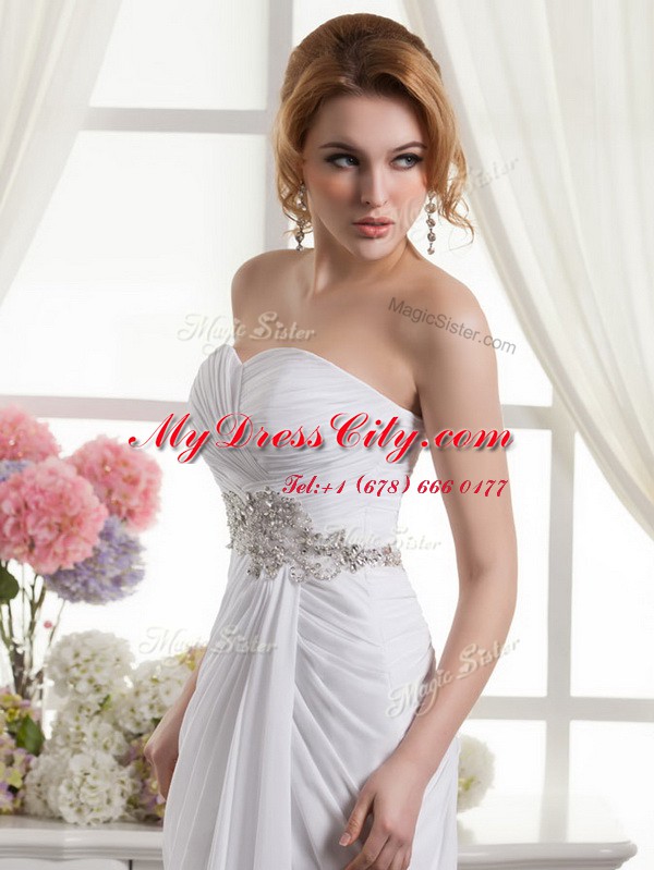 White Sleeveless Chiffon Sweep Train Lace Up Bridal Gown for Wedding Party