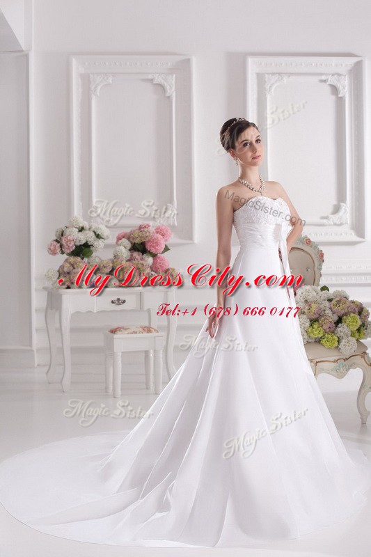 White Sweetheart Neckline Lace and Bowknot Wedding Dresses Sleeveless Lace Up