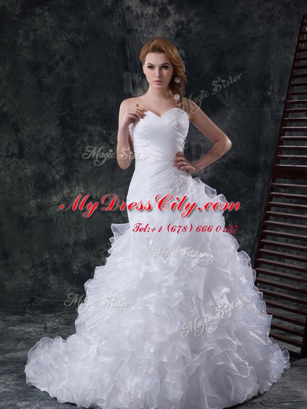 Organza Sleeveless With Train Wedding Gowns Brush Train and Beading and Appliques and Ruffles