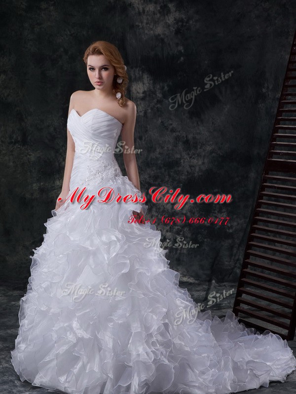 Organza Sleeveless With Train Wedding Gowns Brush Train and Beading and Appliques and Ruffles