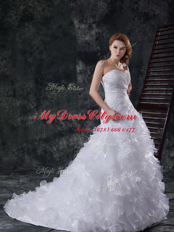 Organza Sleeveless With Train Wedding Gowns Brush Train and Beading and Appliques and Ruffles