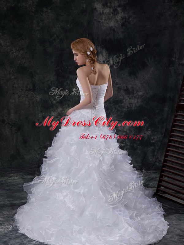 Organza Sleeveless With Train Wedding Gowns Brush Train and Beading and Appliques and Ruffles