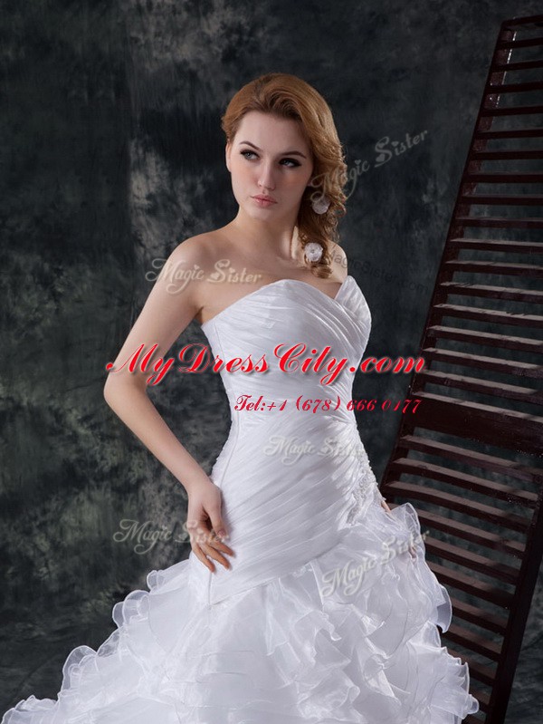 Organza Sleeveless With Train Wedding Gowns Brush Train and Beading and Appliques and Ruffles