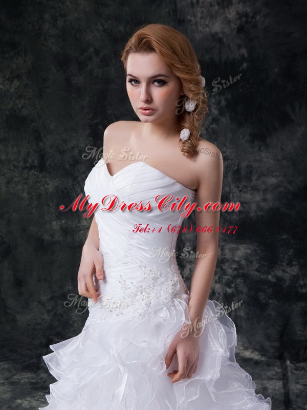 Organza Sleeveless With Train Wedding Gowns Brush Train and Beading and Appliques and Ruffles