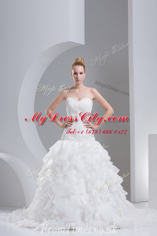 Ruffled Sleeveless Brush Train Beading and Ruffles Lace Up Bridal Gown