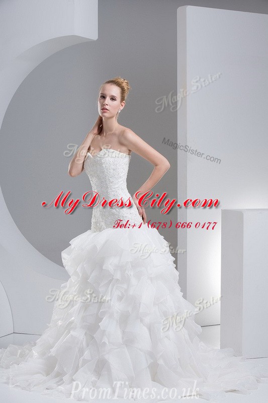 Ruffled Sleeveless Brush Train Beading and Ruffles Lace Up Bridal Gown