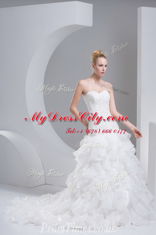 Ruffled Sleeveless Brush Train Beading and Ruffles Lace Up Bridal Gown