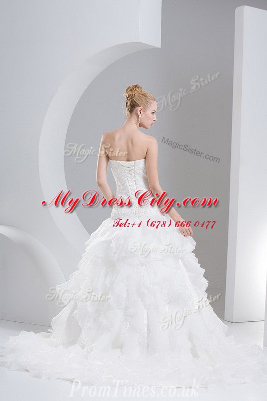 Ruffled Sleeveless Brush Train Beading and Ruffles Lace Up Bridal Gown