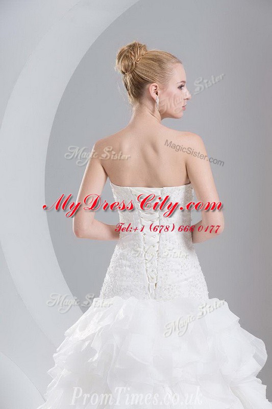 Ruffled Sleeveless Brush Train Beading and Ruffles Lace Up Bridal Gown