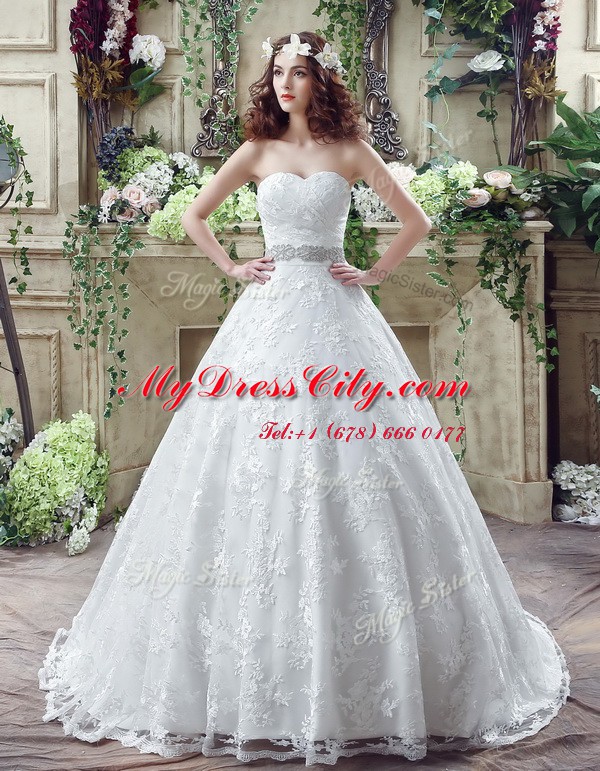 Dynamic White Wedding Dresses Sweetheart Sleeveless Court Train Lace Up