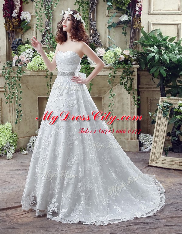 Dynamic White Wedding Dresses Sweetheart Sleeveless Court Train Lace Up